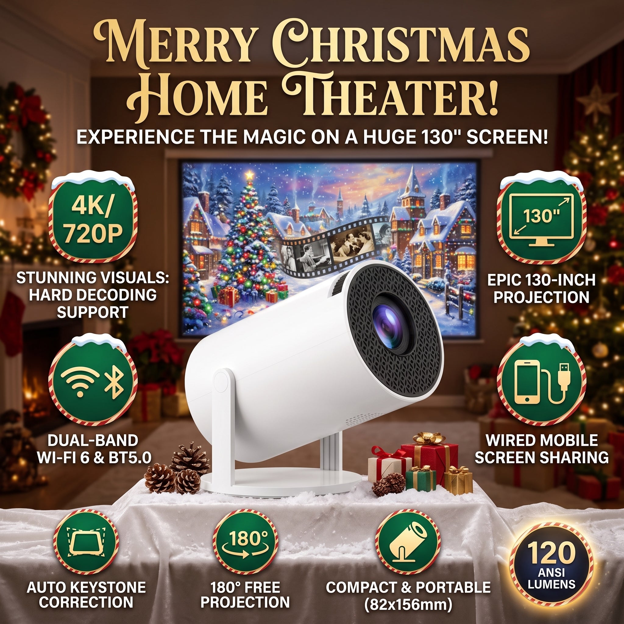 Mini Proyector Inteligente 4K Giratorio 180° Cine en Casa Navideño